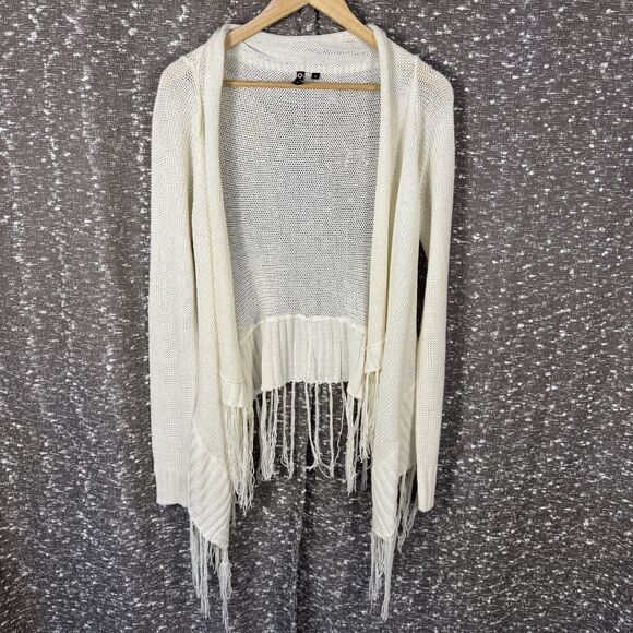 Poof Sweaters - Poof! Crochet Knit White Sweater Cardigan with Fringe Women's M